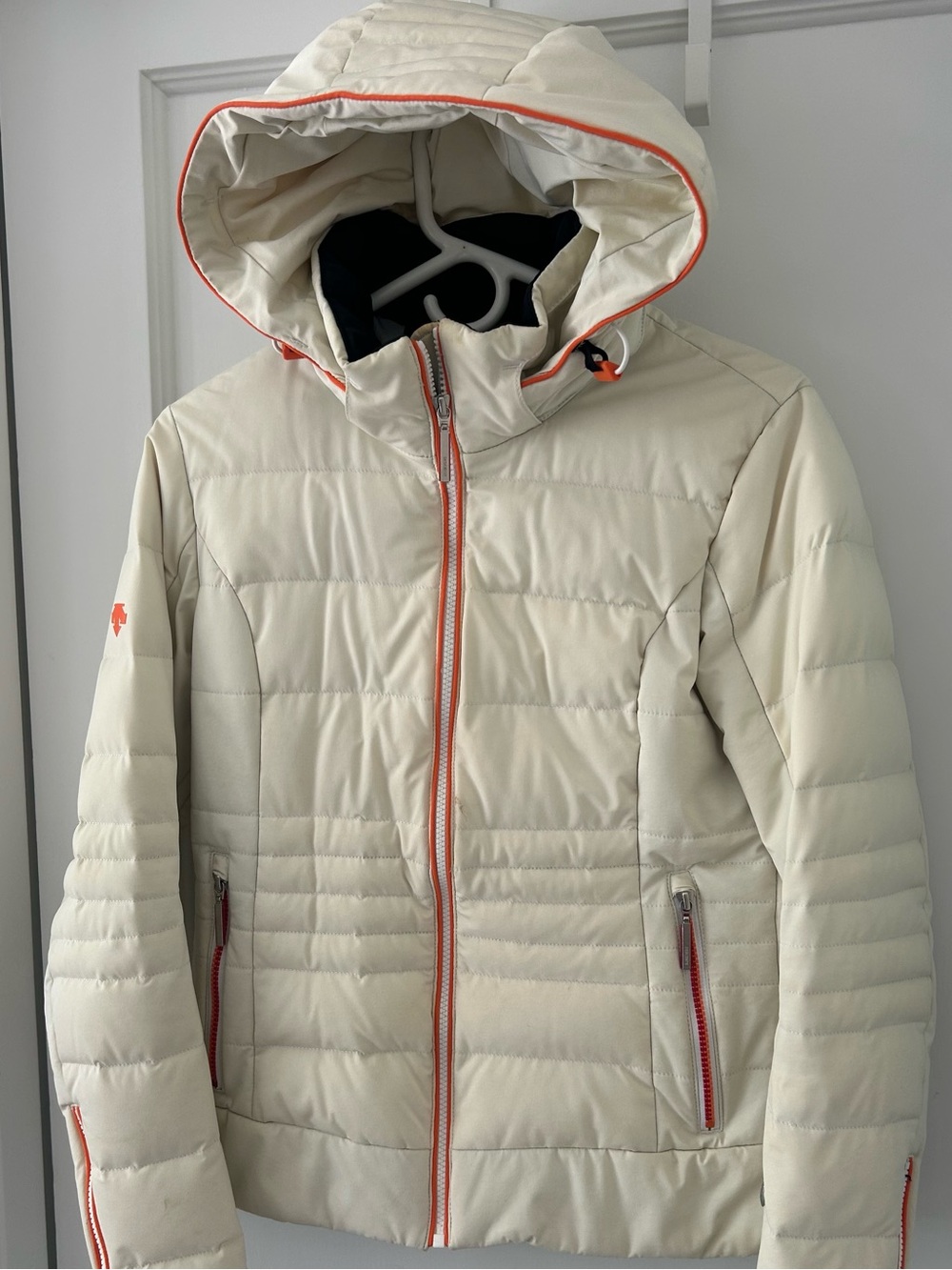 Women’s Descente Cream Hooded Winter Jacket with Orange and Red Trim